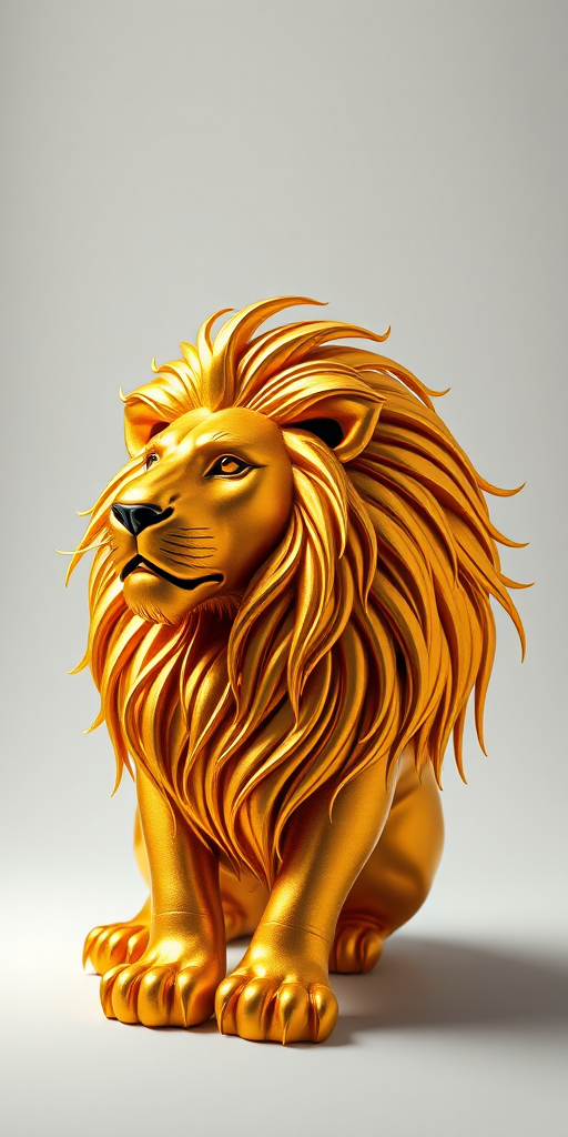 Create a high-resolution image of a gold abstract lion with flowing mane, using a DSLR camera with a 50mm lens, aperture set to f/1.8, ISO 100, in a well-lit studio setting, with soft diffused lighting to enhance the golden texture and detail.