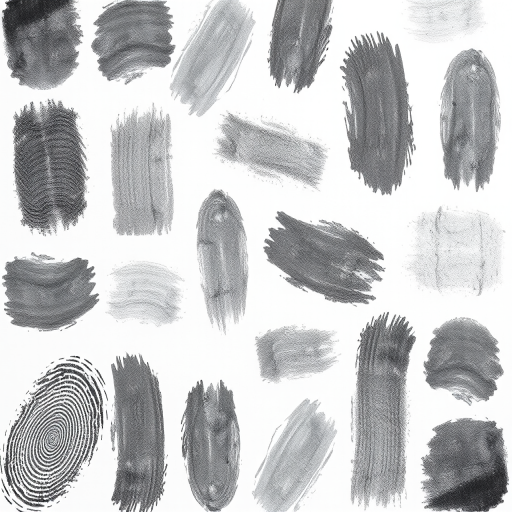 create a high-resolution image of a grid pattern featuring various black and gray fingerprint-like smudges on a white background, use a DSLR camera with a 50mm lens, aperture set to f/2.8, ISO 100, and a shallow depth of field to enhance texture and contrast, shot from a flat overhead angle.