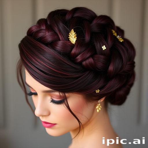 Deep burgundy crown braid updo, intricately woven by "Regal Roots" stylists, featuring a thick, rope-like braid encircling the head like a crown, adorned with delicate gold leaf accents and wispy tendrils framing the face, exuding an air of elegance and regality.