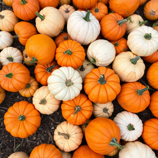 A collection of various pumpkins in shades of orange and white scattered on the ground with some green stems visible among them in a natural setting.