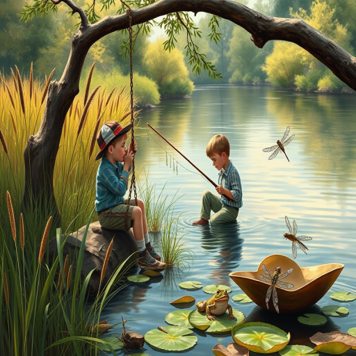 Imagine a small group of old fashioned young boys out fishing by the creek, a swing hanging from a tree branch, reeds and grasses by the water's edge, a frog sitting on a lily pad, dragonflies hovering over som water plans, a very iconic old fashioned scene reminiscent of a Norman Rockwell painting style