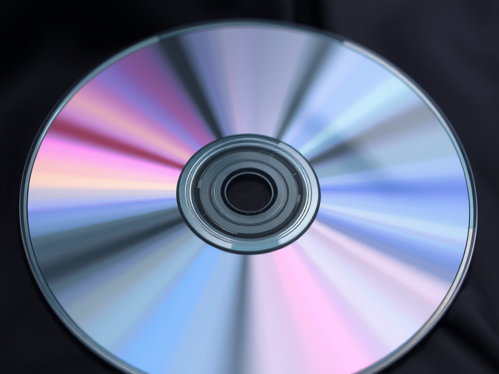 Create an image of a blank CD with a reflective surface, captured with a Canon EOS R5, 50mm lens, aperture f/2.8, ISO 100, with a soft diffused light to enhance reflections and details, featuring a slight top-down angle for a modern look.