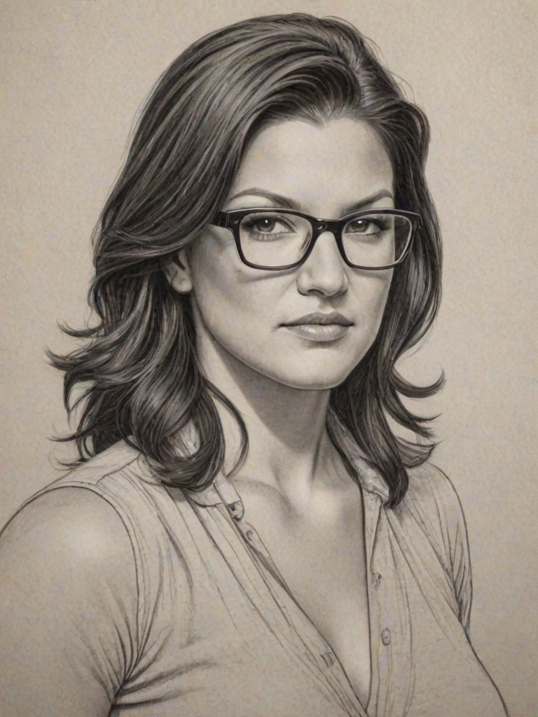 Charming Gina Carano, pencil sketch, portrait of Gorgeous woman 1933s in glasses, hair style beatnik, outline, clear lines, fine lines, 8k
