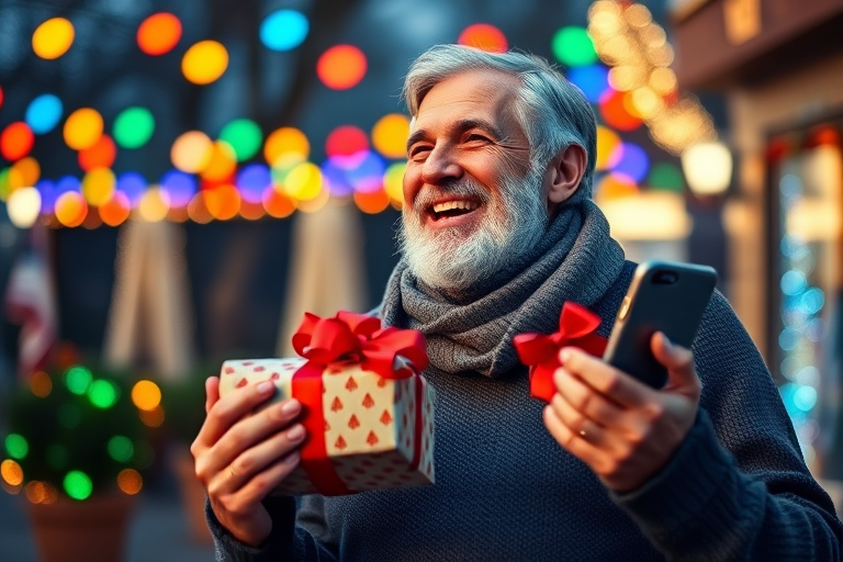 Generate an image of a joyful older man with gray hair and a beard, standing outdoors during a festive evening. He is laughing and holding a wrapped gift with a red bow in one hand and a smartphone in the other. The background is decorated with colorful holiday lights, creating a warm and cheerful atmosphere. The man is wearing a cozy sweater and a scarf.