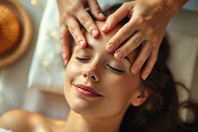 portrait of a woman receiving a massage with hands on her head, soft natural lighting, depth of field, f/1.8 aperture, 35mm lens, Canon DSLR, shot from above, high resolution, warm tones, focus on facial expression and serenity