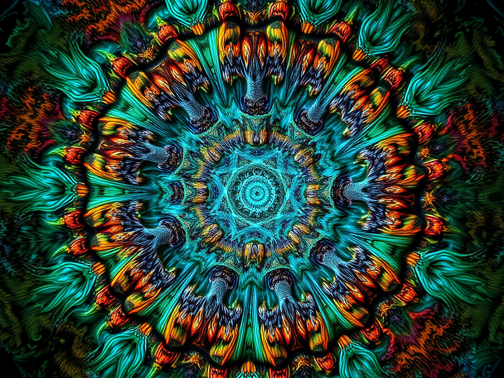 Regenerate a highly detailed fractal image featuring intricate patterns and vibrant colors, captured with a Canon EOS R5, ISO 100, f/8 aperture, 24mm lens, top-down view, HDR style.
