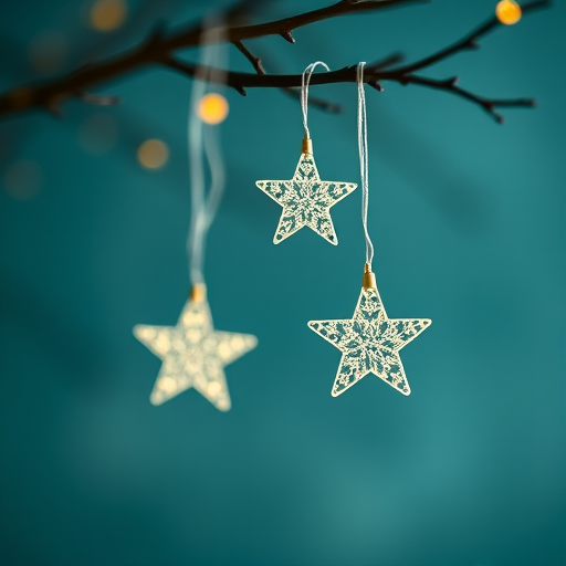 Star-shaped fairy lights hanging on a branch with a blurred teal background, soft focus for a magical effect, shot with a DSLR camera at f/2.8, ISO 200, 50mm lens, using natural lighting for a warm glow.