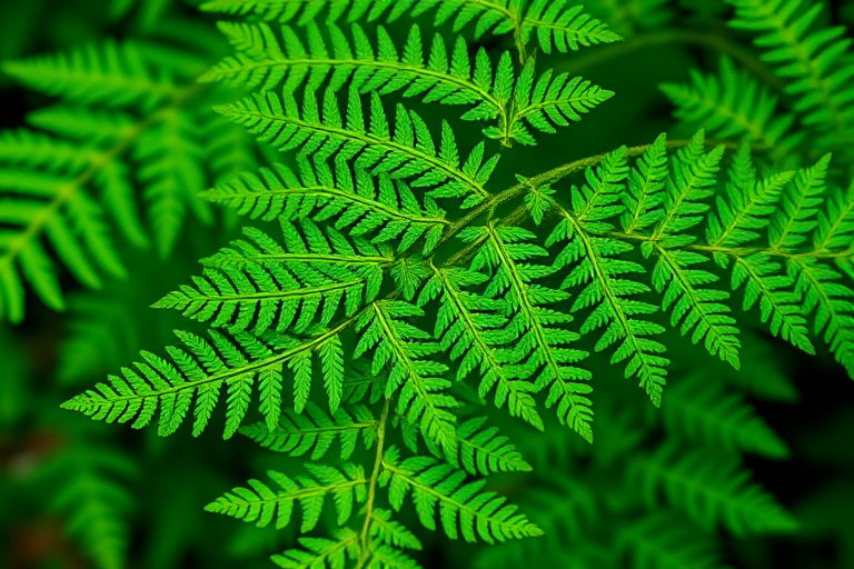 Generate a high-quality image of a green fern leaf with intricate detail, using a macro lens setting, aperture f/2.8, ISO 100, focused view, shot from a slightly angled top-down perspective, captured in natural light with a DSLR camera.