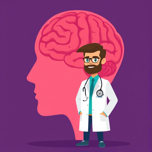 illustration of a doctor in a lab coat standing next to a large head with a brain inside, flat design, vibrant colors, high-resolution vector style, camera settings: ISO 100, f/8, shutter speed 1/60, camera view: eye-level shot, camera style: digital art, camera type: vector graphics