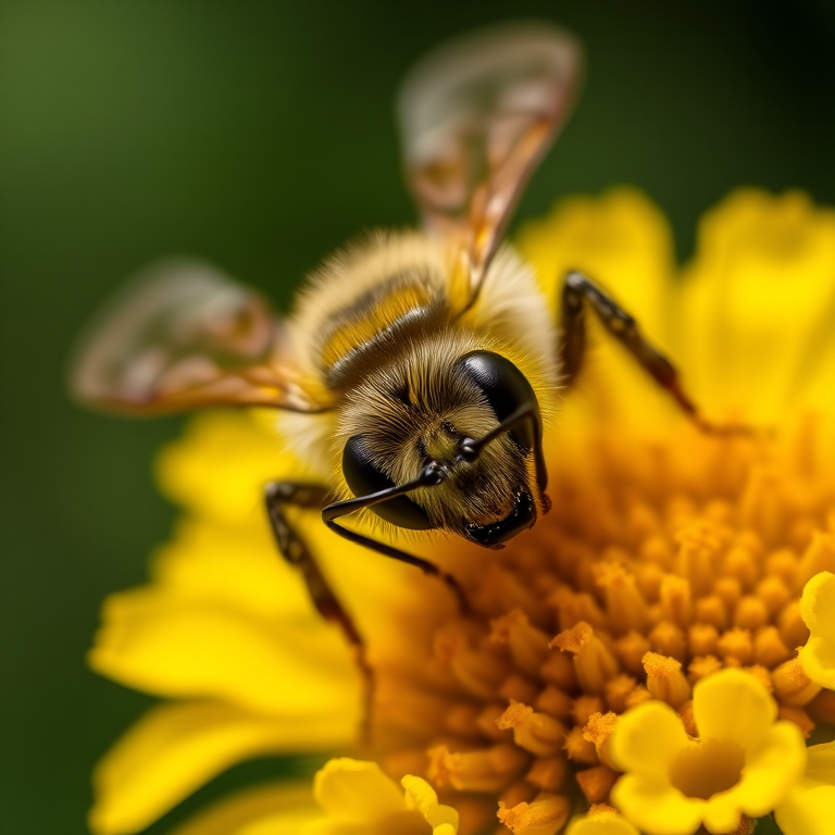 Close-up of a bee on yellow flowers, shallow depth of field, f/2.8 aperture, 100mm macro lens, ISO 200, soft natural lighting, shot at eye level with a DSLR camera.