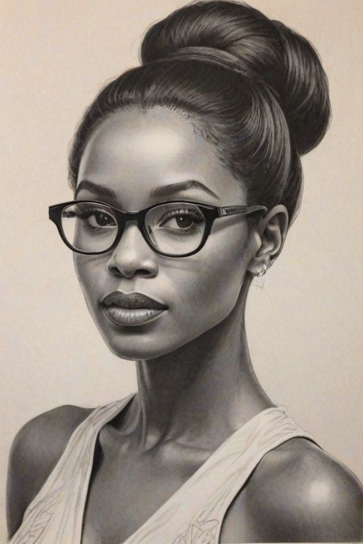 Beauteous Zoe Mthiyane, pencil sketch, portrait of Dazzling woman 1963s in glasses, hair style beatnik, outline, clear lines, fine lines, 8k