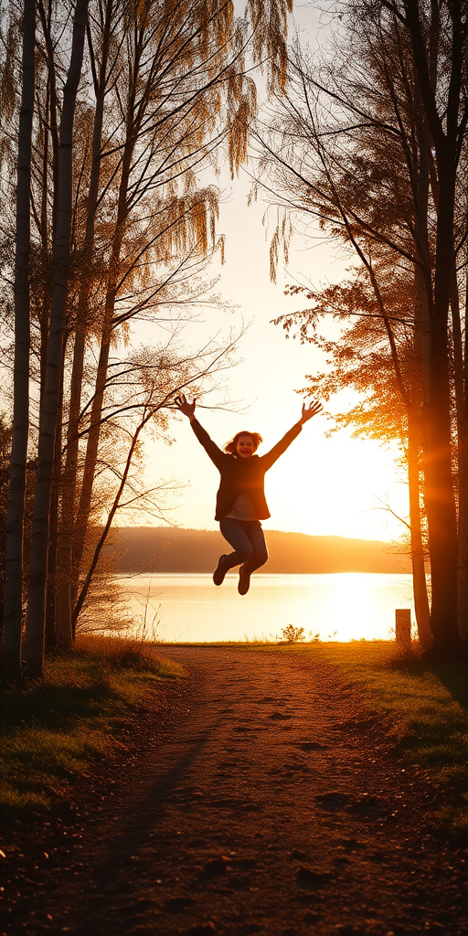 Create a serene landscape at sunset featuring a silhouette of a person jumping joyfully on a path surrounded by birch trees, with sunlight streaming through the leaves onto a tranquil lake in the background, using a DSLR camera, 50mm lens, aperture f/2.8, ISO 100, and a warm color palette for enhanced image quality.