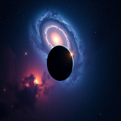Create an otherworldly cosmic scene featuring a dark planet partially illuminated by a distant star, with a spiral galaxy in the background, shot with a DSLR camera at f/2.8, 24mm focal length, ISO 800, using a long exposure of 30 seconds to capture the vibrant colors and details of the nebula.