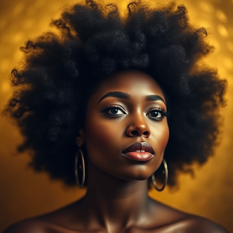 portrait of a woman with a large afro hairstyle against a golden background, soft lighting, aperture f/1.8, shutter speed 1/125, ISO 100, 85mm lens, shallow depth of field, high dynamic range, digital photography