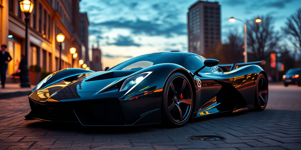 Create a high-resolution image of a sleek, futuristic black sports car parked on a city street at dusk with streetlights illuminating the scene, using a DSLR camera with a 50mm lens, f/1.8 aperture, ISO 200, and a low-angle view to accentuate the car's design.