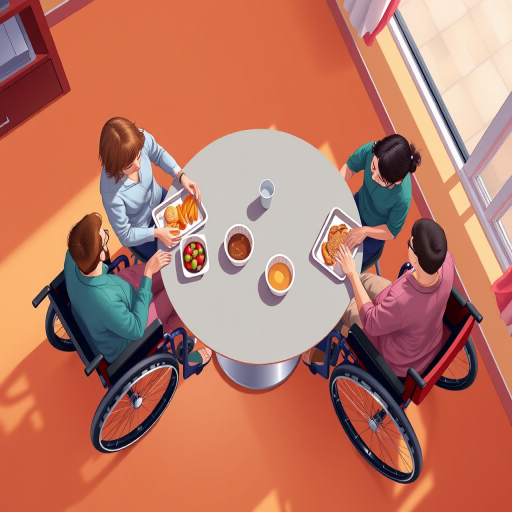 A digital illustration of four people sitting around a table with meal trays, two are in wheelchairs, viewed from above, vibrant colors, high resolution, soft lighting, DSLR camera, aperture f/2.8, shutter speed 1/125s, 50mm lens.