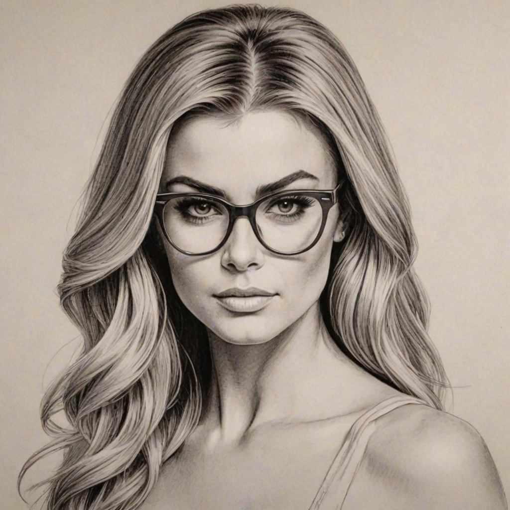 Fetching Carmen Electra, pencil sketch, portrait of Beauteous woman 1969s in glasses, hair style beatnik, outline, clear lines, fine lines, 8k