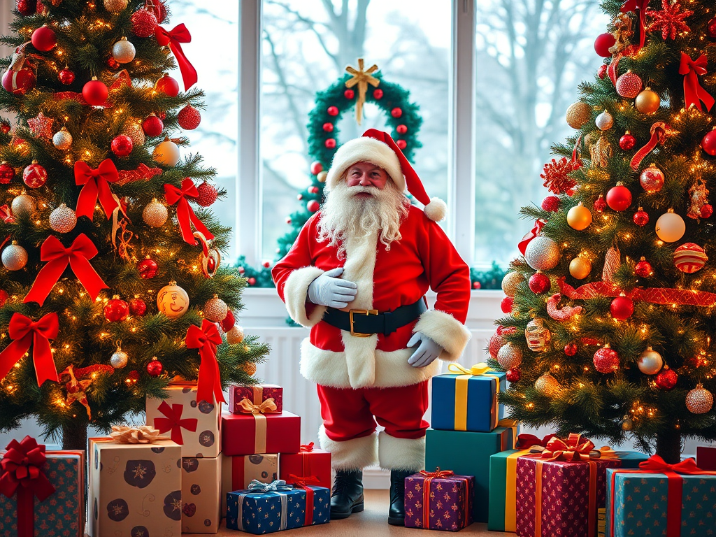Create a festive scene featuring Santa Claus standing between two decorated Christmas trees, surrounded by colorful presents, using a 50mm lens, f/1.8 aperture, ISO 100, natural lighting, shot in a portrait orientation with a shallow depth of field for enhanced detail and vibrancy.