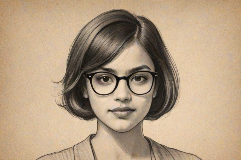 Graceful Isabela Moner, pencil sketch, portrait of Fetching woman 1929s in glasses, hair style beatnik, outline, clear lines, fine lines, 8k