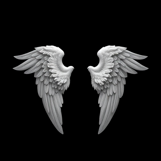 Create an illustration of angel wings centered on a black background, using a Canon EOS 5D Mark IV with a 50mm lens, aperture set to f/2.8, ISO 100, and a shutter speed of 1/200 sec for optimal sharpness and detail.