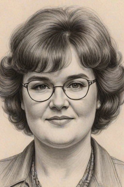 Fascinating Susan Boyle, pencil sketch, portrait of Stunning woman 1976s in glasses, hair style beatnik, outline, clear lines, fine lines, 8k
