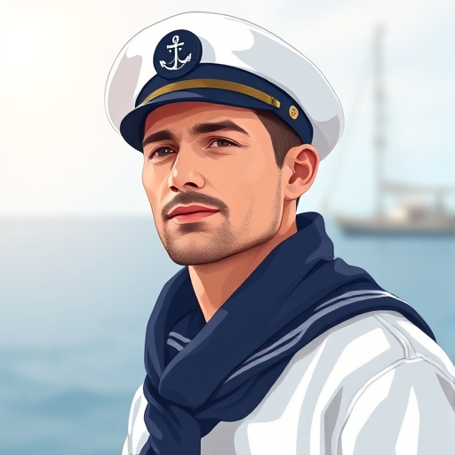 generate an illustration of a sailor in a white hat and navy scarf, use high-resolution vector graphics, apply a soft focus lens effect, angle the view slightly from above, simulate a DSLR camera setup with f/2.8 aperture and 50mm focal length for enhanced depth of field