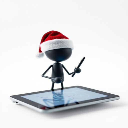 Create a high-resolution image of a 3D stick figure wearing a Santa hat, holding a stylus and drawing on a tablet, set against a solid white background, captured with a DSLR camera at f/2.8 aperture, ISO 100, and 50mm lens for a shallow depth of field.