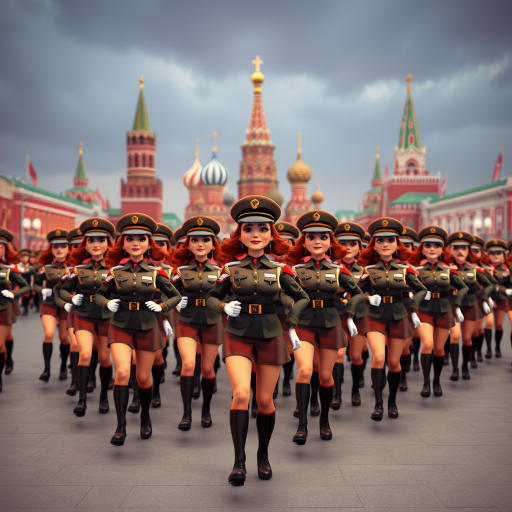Cartoon 3D Military parade in Red Square in Moscow with military women wearing short skirts.