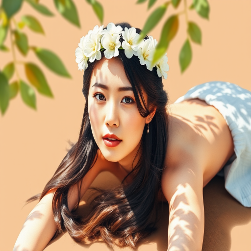create a watercolor painting of an ethereal portrait of beautiful Tibetan woman with a simple white flower crown on her head. Her hair is long and she is lying on the ground. The sunlight on the trees casts shadows from the leaves on her face and body. The background is a neutral brown color that matches her skin tone. The image is minimalist and solid colors. This style is characterized by soft, delicate brushstrokes and a light, airy, contrasting color palette. High level of detail and play of light