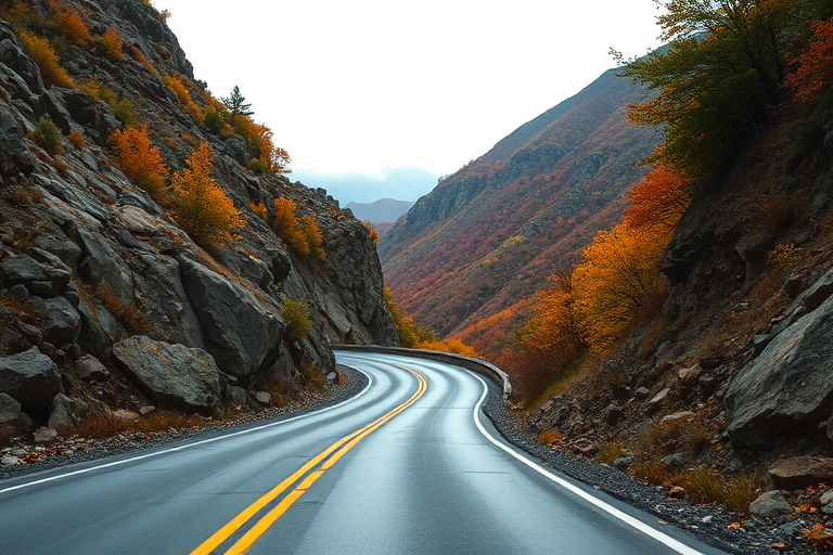 Capture a winding mountain road lined with rocky terrain and autumn-colored foliage, using a DSLR camera with a 24mm lens, aperture set to f/8 for sharp depth of field, ISO 100 for clarity, and a low-angle view to emphasize the curves of the road.