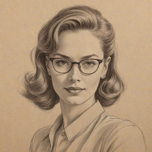 Enchanting Kat Foster, pencil sketch, portrait of Lovely woman 1944s in glasses, hair style beatnik, outline, clear lines, fine lines, 8k