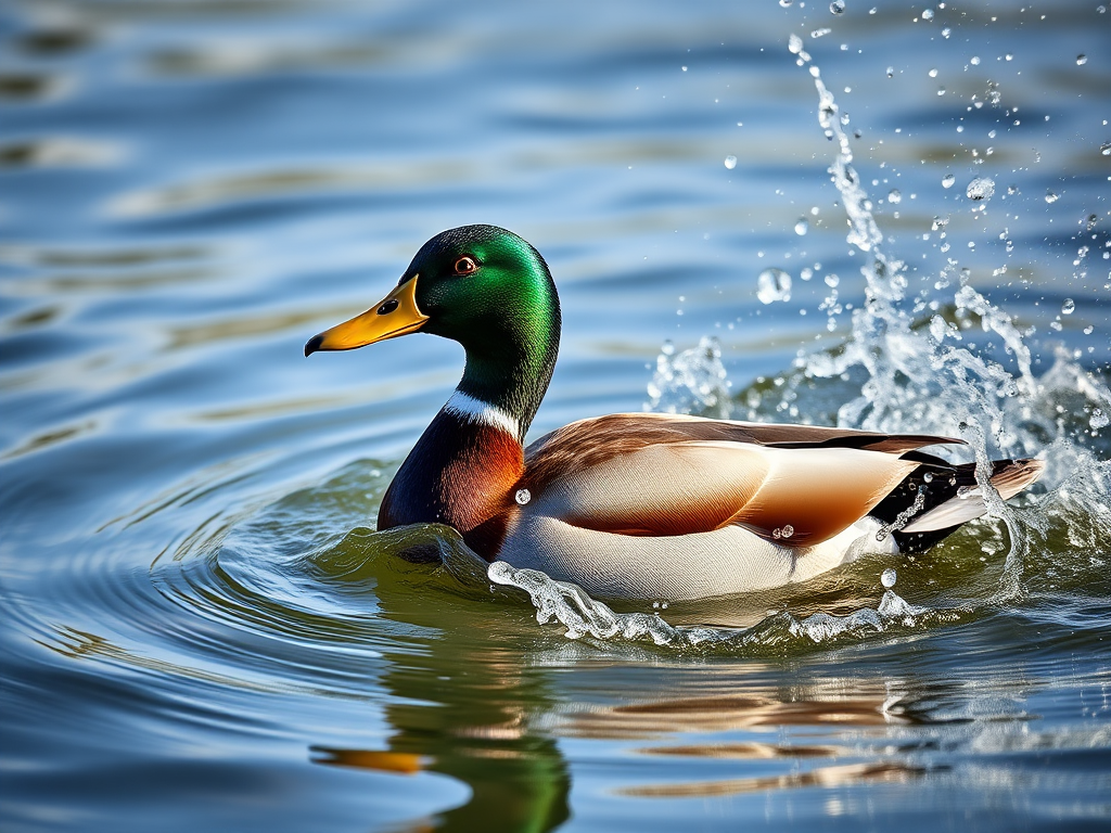 Capture a high-resolution image of a duck splashing in water, using a DSLR camera, 1/500 sec shutter speed, f/4 aperture, ISO 200, 50mm lens, natural light, and a shallow depth of field for a dynamic, focused composition.