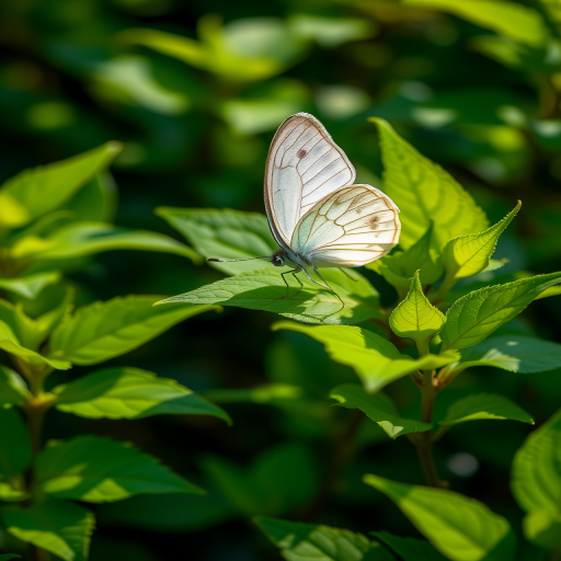 Generate an image of a delicate white butterfly resting on vibrant green leaves in a softly lit environment, capturing the intricate patterns on its wings and the lushness of the foliage.