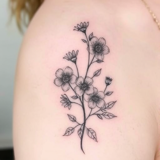 Fine line botanical tattoo titled "Whispers of Flora" depicting delicate flowers and leaves with intricate details and soft shading creating a subtle and elegant nature-inspired design