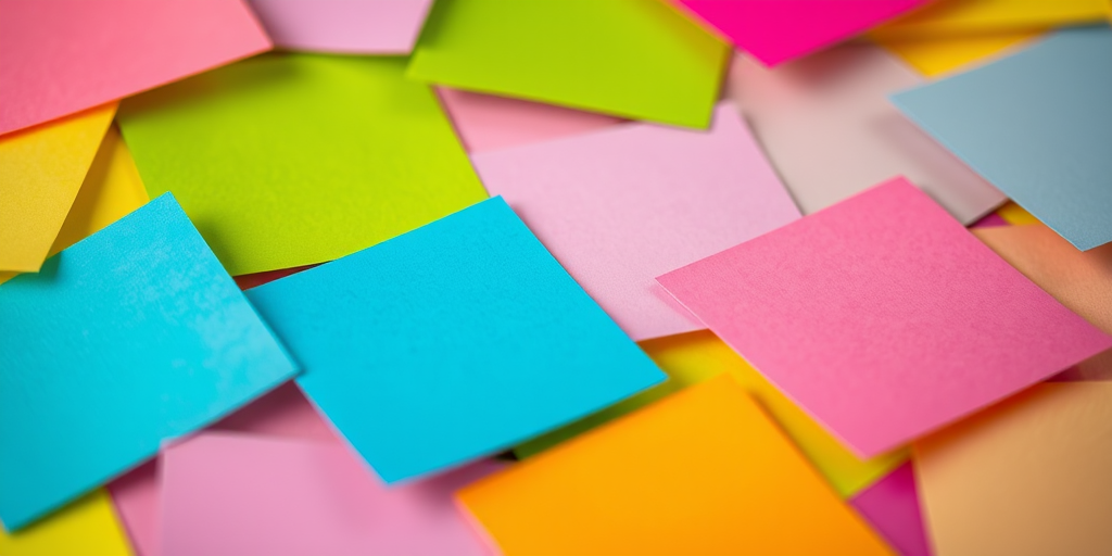 Create a vibrant close-up image of colorful sticky notes in a random arrangement, using a Canon EOS R5 with a 50mm lens, f/2.8 aperture, 1/100 sec shutter speed, ISO 200 for sharp detail and rich colors.