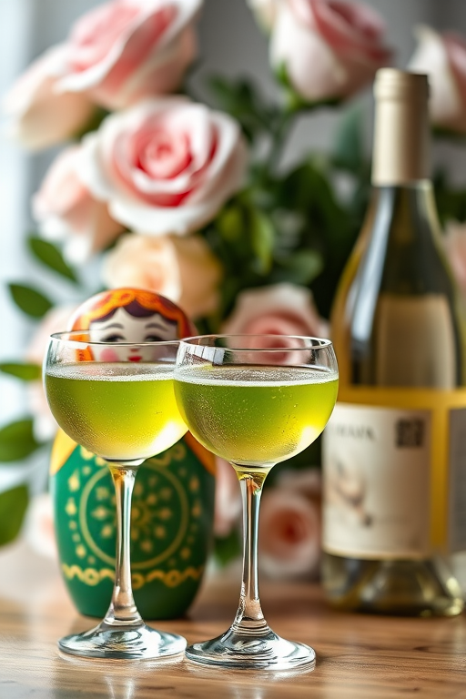 still life photo of a decorative matryoshka doll, two elegant glasses of green beverage, and a bottle of white wine with a backdrop of fresh roses, natural light, f/2.8 aperture, 1/60s shutter speed, ISO 100, 50mm lens, soft focus background, shallow depth of field.