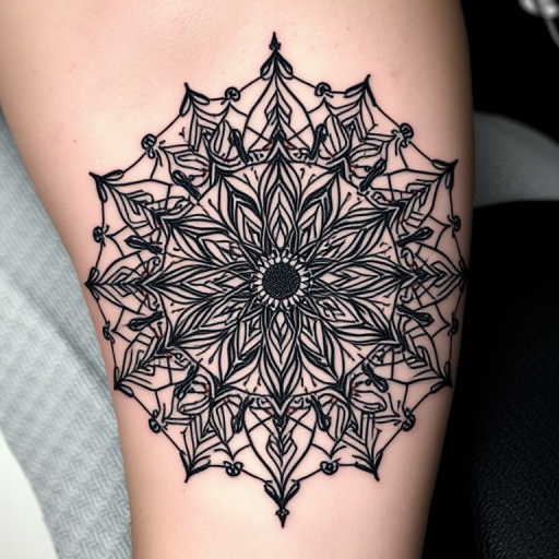 Intricate blackwork tattoo called "Geometric Odyssey" showcasing a complex pattern of interconnected shapes and lines forming a mandala-inspired design with bold contrasts and precise symmetry
