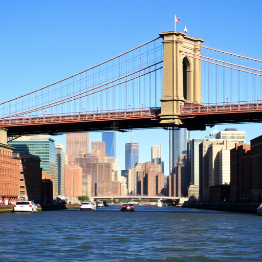 Capture a vibrant cityscape of the Brooklyn Bridge with Manhattan in the background, during midday with clear blue skies; use a DSLR camera with a 24mm lens, aperture set to f/11 for depth of field, ISO 100 for minimal noise, and a shutter speed of 1/200 sec to freeze motion in the water.