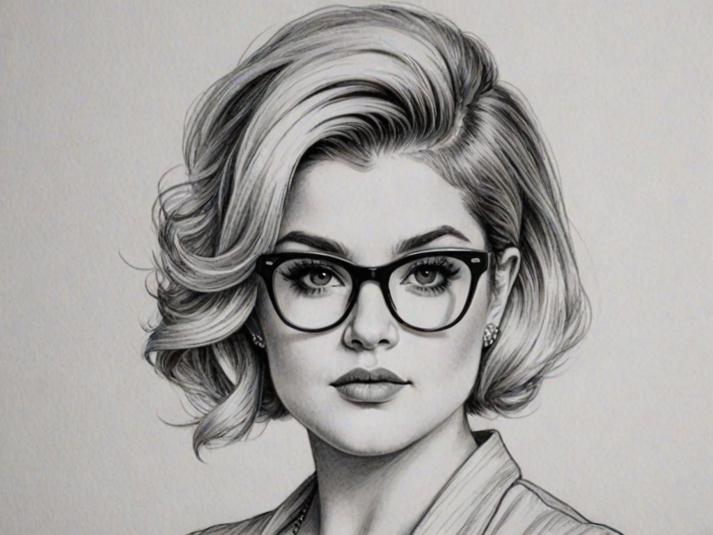 Captivating Kelly Osbourne, pencil sketch, portrait of Ravishing woman 1950s in glasses, hair style beatnik, outline, clear lines, fine lines, 8k
