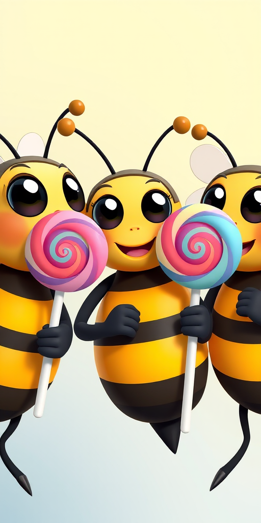 Create an illustration of three animated bees holding colorful lollipops, using vibrant colors and smooth lines, with a focus on their playful expressions, shot with a Canon EOS R5 at ISO 100, f/8, 1/200s, landscape orientation, emphasizing clarity and detail.