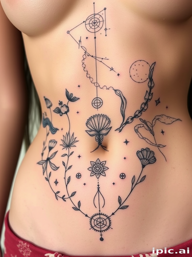 Elegant fine line tattoo named "Whispers of Antiquity" featuring delicate botanical illustrations intertwined with ancient symbols and constellations, creating a harmonious blend of nature and mysticism on the ribcage