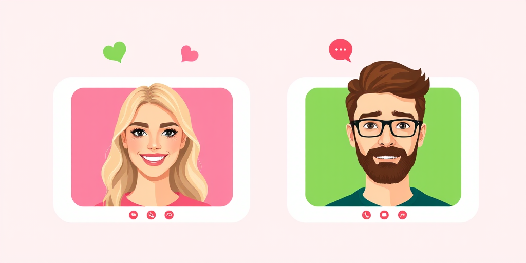 Generate a digital illustration of two video call screens side by side, showing a blonde woman on a pink background and a brown-haired man on a green background, with chat bubbles above their heads, in high resolution, using a Canon EOS R5 camera, 50mm lens, f/1.8 aperture, 1/125s shutter speed, vibrant colors and sharp details.
