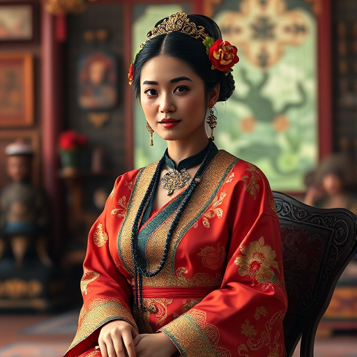 A beautiful Tahitian woman in traditional East Asian attire, intricately detailed with embroidered patterns, sitting gracefully in a richly decorated room, soft ambient lighting, serene and elegant, ultra-realistic, 8K resolution