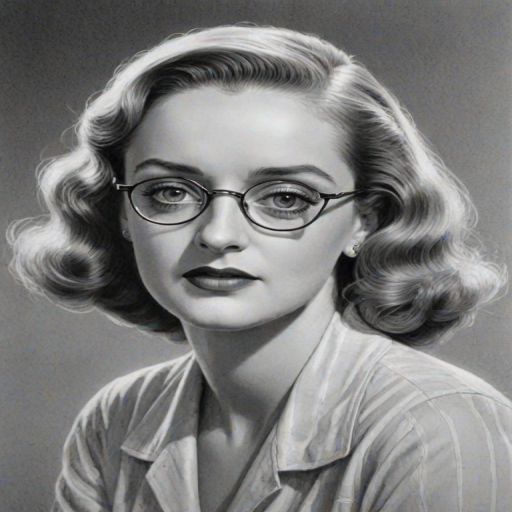 Comely Bette Davis, pencil sketch, portrait of Stunning woman 1921s in glasses, hair style beatnik, outline, clear lines, fine lines, 8k