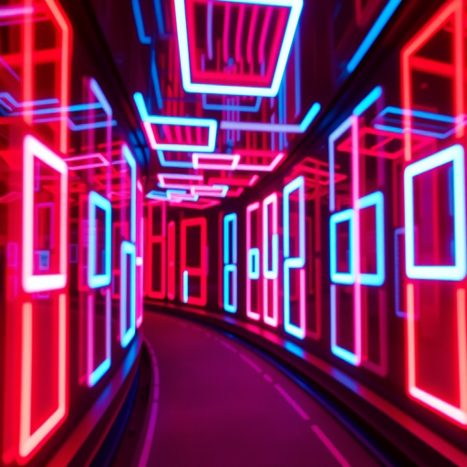 Create a neon-lit tunnel of rotating squares in red and blue hues, vibrant and glowing, with a focus on depth and perspective, captured using a DSLR camera with a 24mm lens, f/2.8 aperture, ISO 100, and a low-angle view to enhance the sense of motion and space.