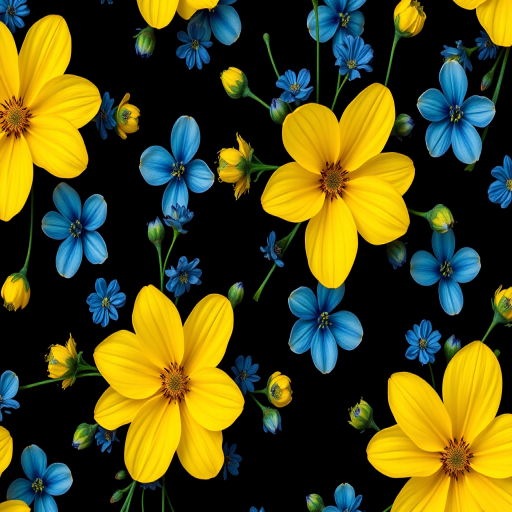 Create a repeating floral pattern featuring vibrant yellow flowers and blue blossoms on a black background, captured with a DSLR camera at f/2.8, ISO 100, 50mm lens, top-down view, macro photography style.