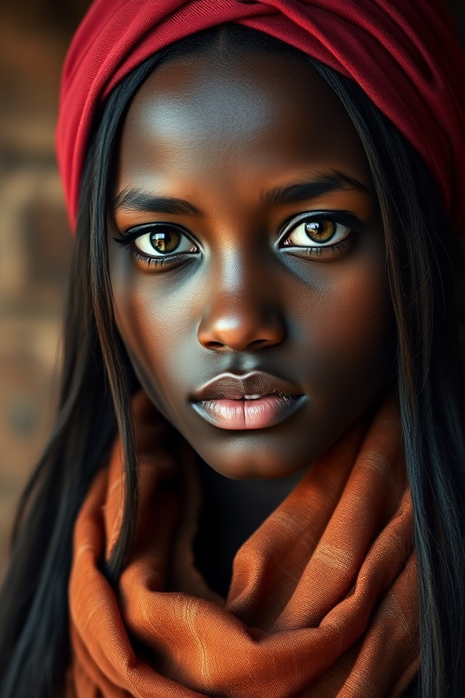 Create a portrait of a young Zulu woman with long, dark hair and captivating hazel eyes. She is wearing a red headscarf and a matching scarf draped gracefully around her neck. The background is softly blurred, focusing attention on her serene and natural expression. The overall color palette is muted and warm, enhancing the intimate and authentic feel of the portrait.