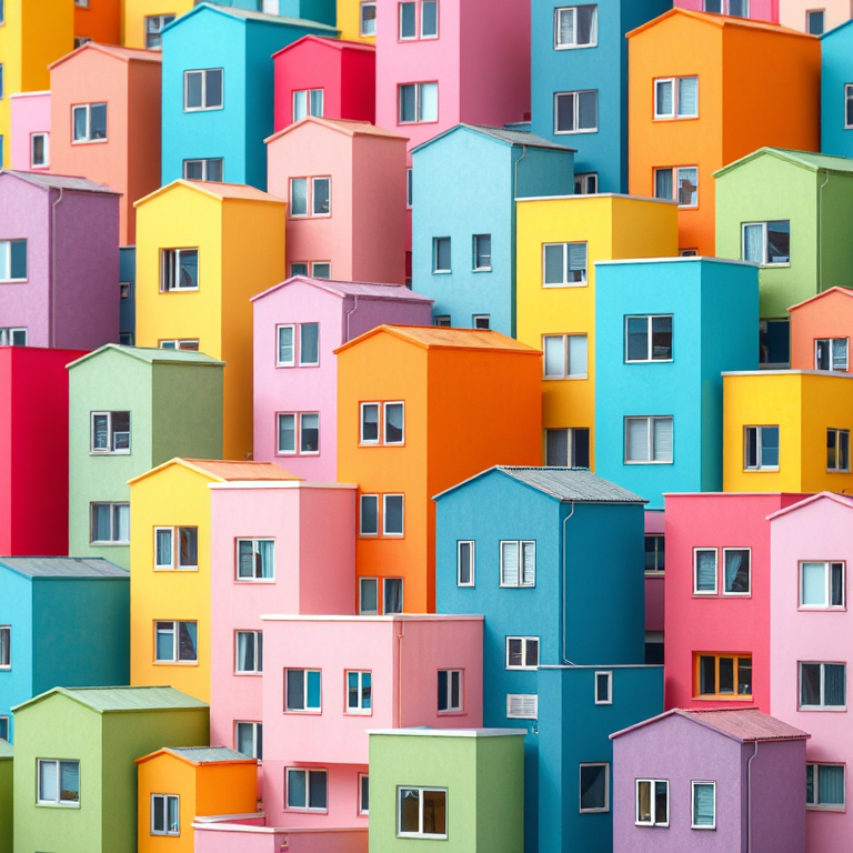 Create a vibrant abstract pattern of overlapping colorful geometric buildings in various pastel shades with a soft focus to emphasize their shapes, using a 50mm lens at f/2.8 for a shallow depth of field, shot from a slightly elevated angle in a digital format to enhance image clarity and detail.