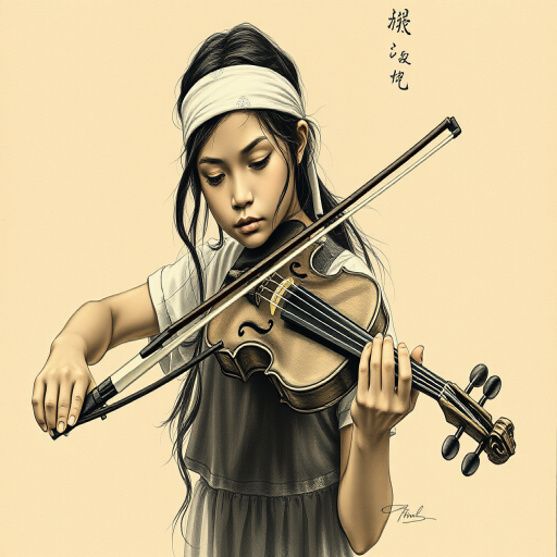 a young Maori woman with a white headband playing a violin, in the style of a charcoal drawing, sepia grunge background