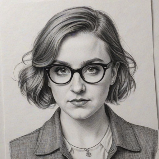 Alluring Lena Dunham, pencil sketch, portrait of Stunning woman 1921s in glasses, hair style beatnik, outline, clear lines, fine lines, 8k